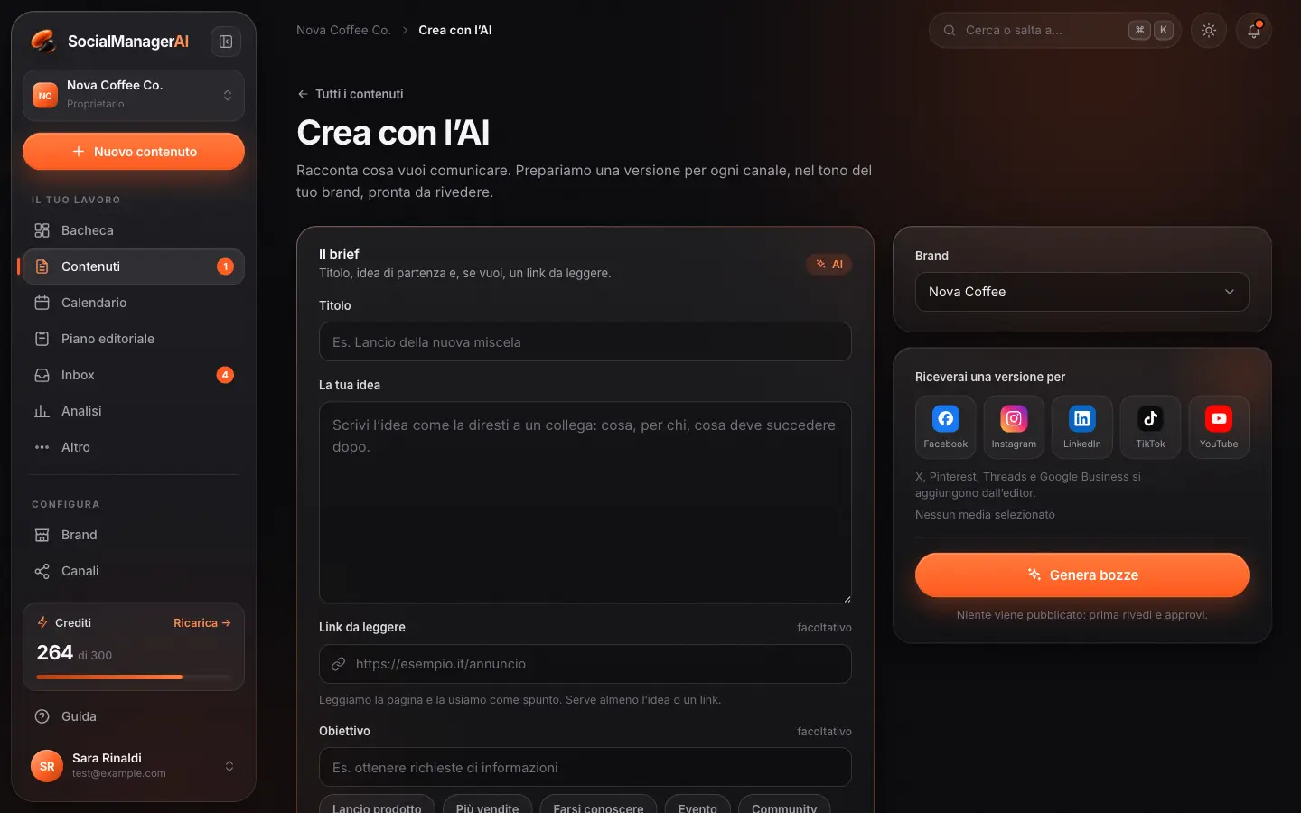 La creazione di un contenuto con l’AI: idea, obiettivo, brand e canali.