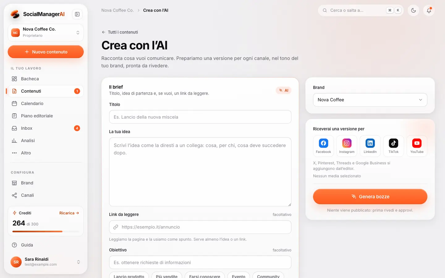 La creazione di un contenuto con l’AI: idea, obiettivo, brand e canali.